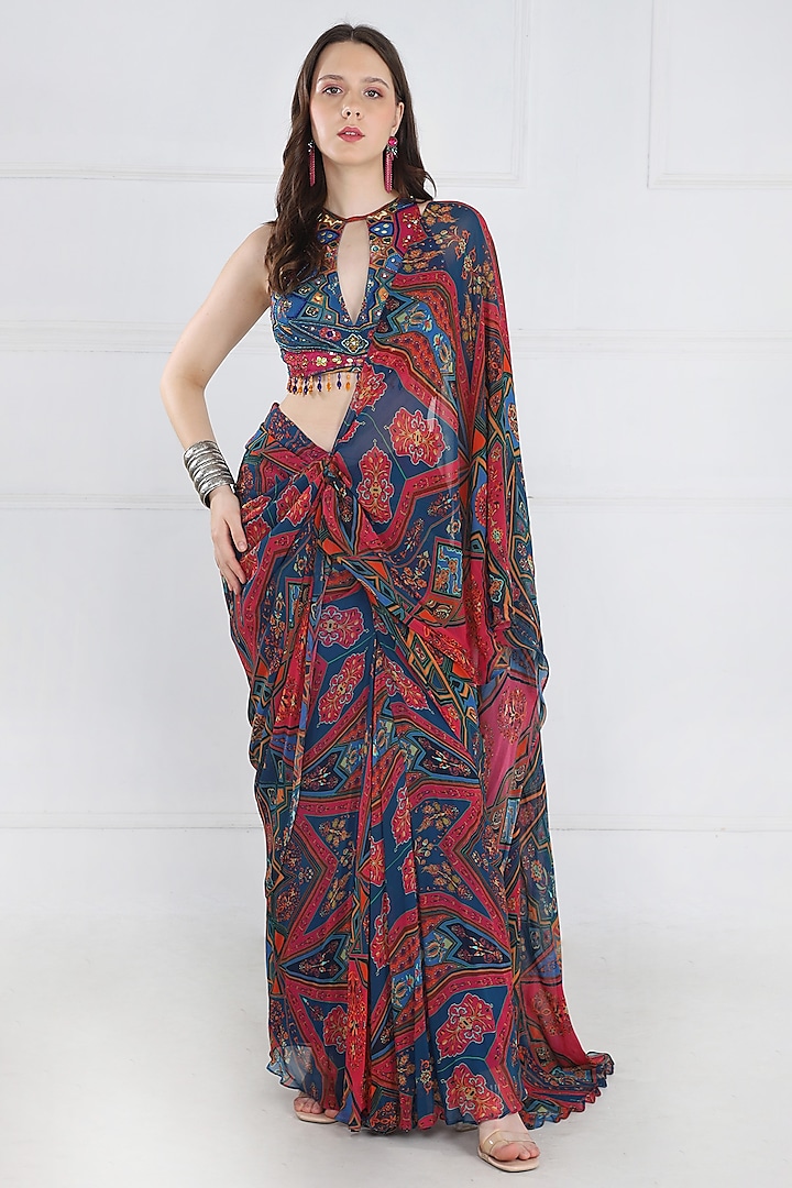 Teal & Fuschia Georgette Floral Jaal Printed Skirt Wedding Saree Set by DiyaRajvvir at Pernia's Pop Up Shop