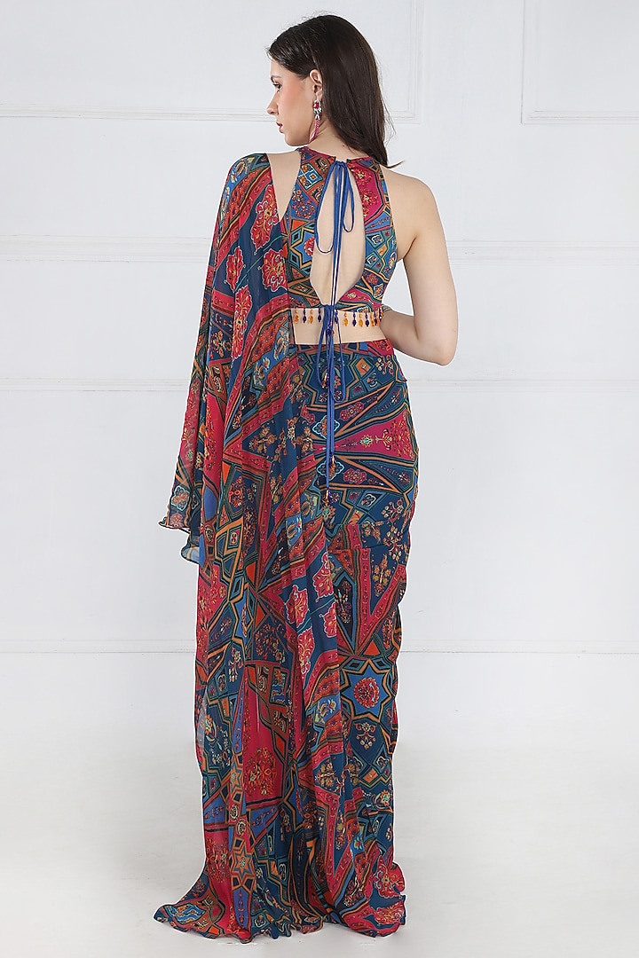 Teal & Fuschia Georgette Floral Jaal Printed Skirt Wedding Saree Set by DiyaRajvvir at Pernia's Pop Up Shop