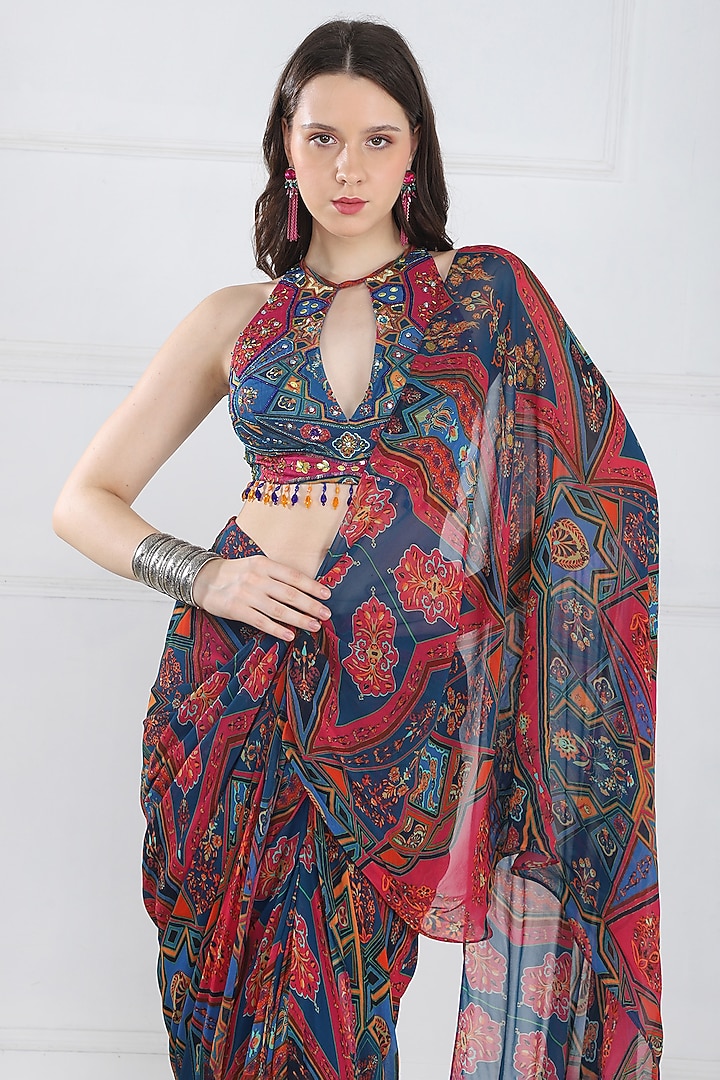 Teal & Fuschia Georgette Floral Jaal Printed Skirt Wedding Saree Set by DiyaRajvvir at Pernia's Pop Up Shop