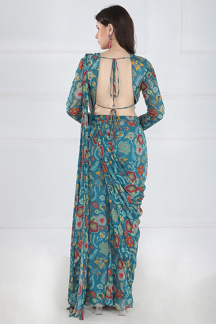 Teal Modal & Georgette Floral Jaal Printed Pants Wedding Saree Set by DiyaRajvvir at Pernia's Pop Up Shop
