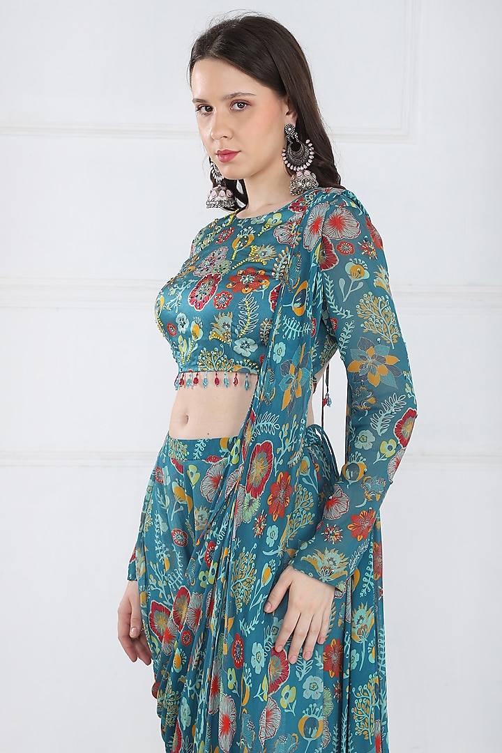 Teal Modal & Georgette Floral Jaal Printed Pants Wedding Saree Set by DiyaRajvvir at Pernia's Pop Up Shop