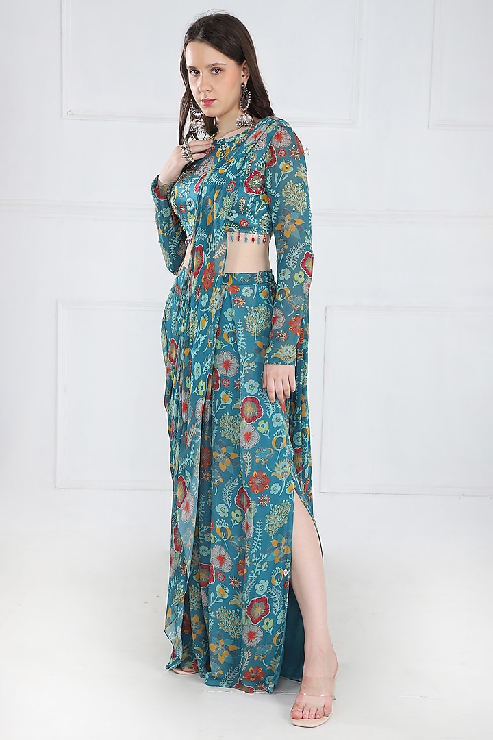 Teal Modal & Georgette Floral Jaal Printed Pants Wedding Saree Set by DiyaRajvvir at Pernia's Pop Up Shop