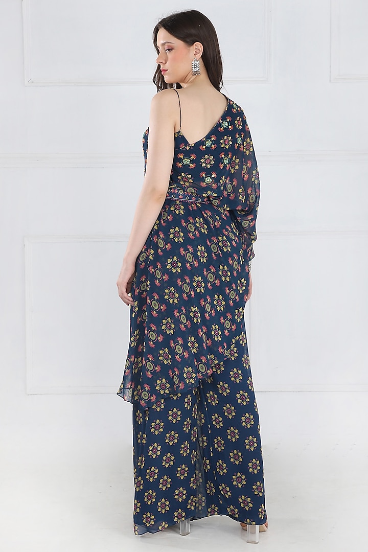 Navy Blue Georgette Printed Kaftan Set by DiyaRajvvir at Pernia's Pop Up Shop