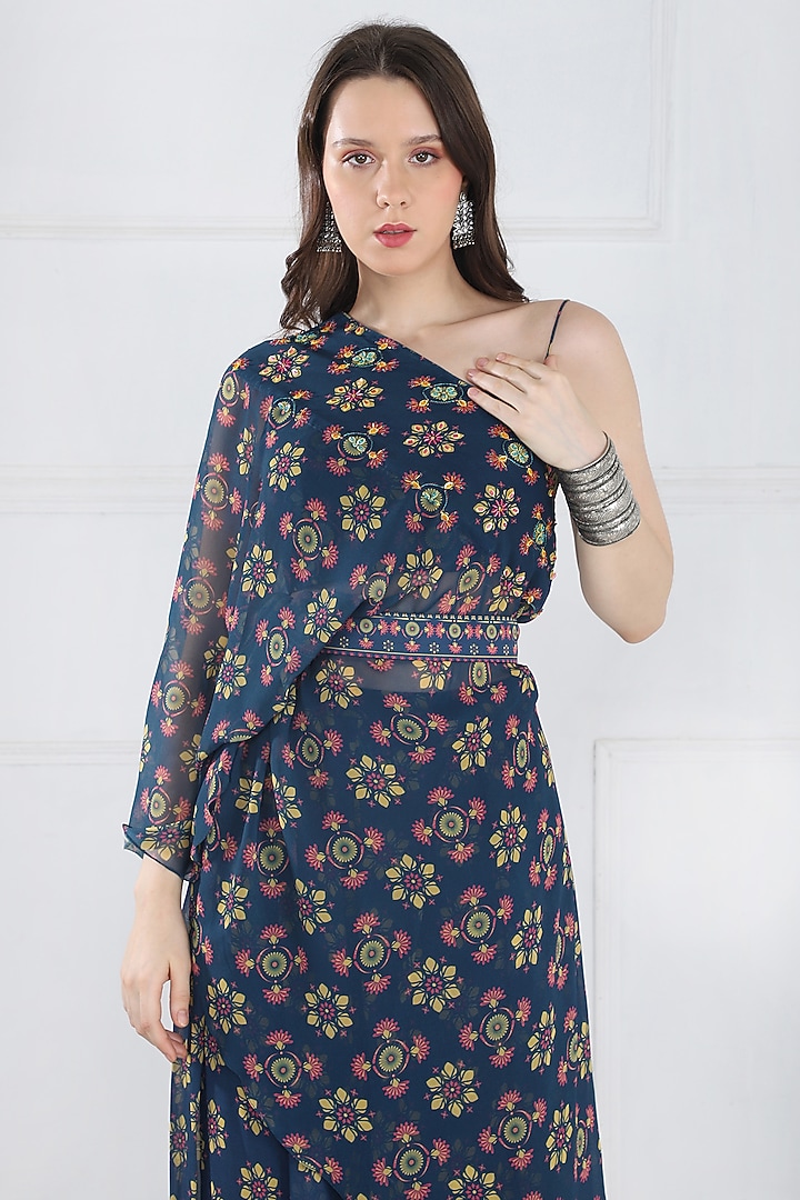 Navy Blue Georgette Printed Kaftan Set by DiyaRajvvir at Pernia's Pop Up Shop