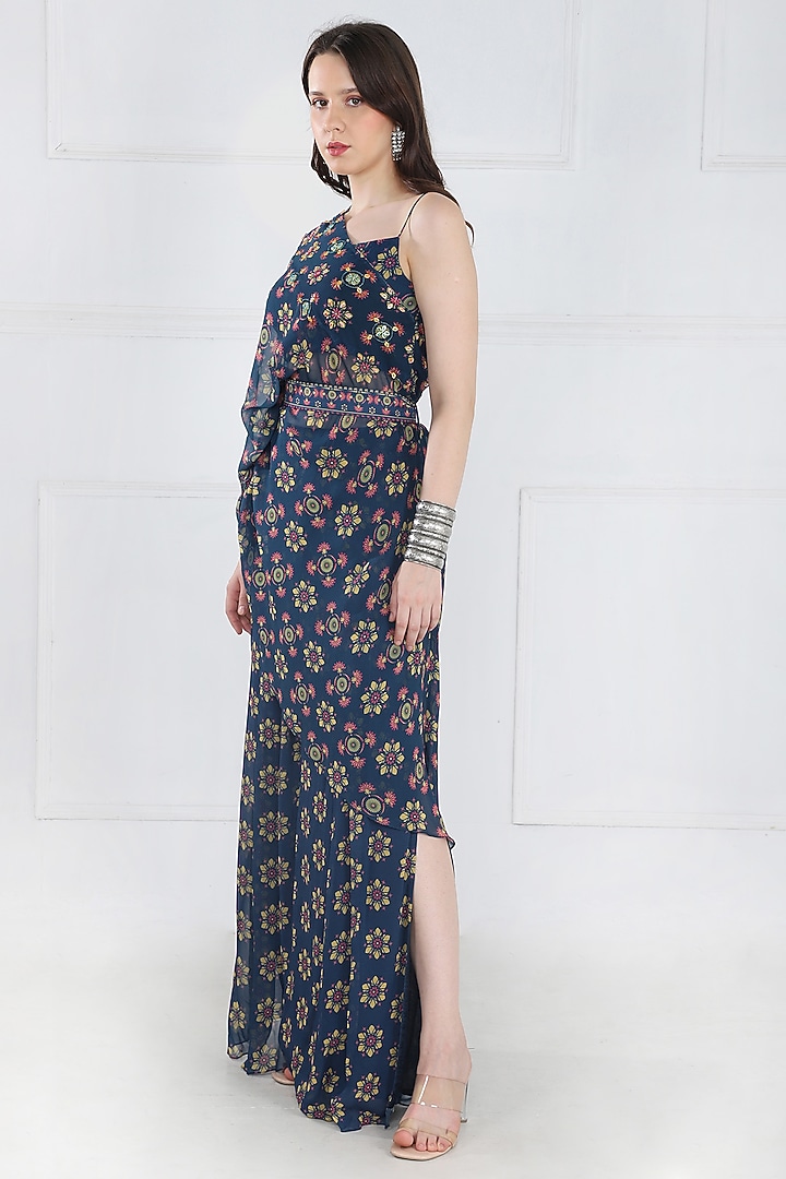 Navy Blue Georgette Printed Kaftan Set by DiyaRajvvir at Pernia's Pop Up Shop