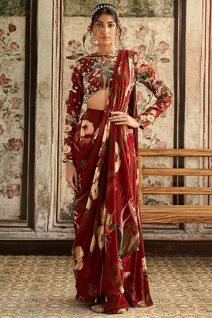 Red Crepe & Georgette Floral Printed Sharara Wedding Saree Set by DiyaRajvvir at Pernia's Pop Up Shop