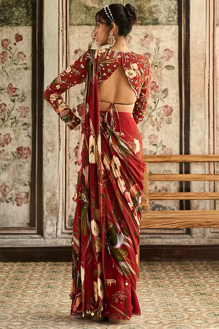 Red Crepe & Georgette Floral Printed Sharara Wedding Saree Set by DiyaRajvvir at Pernia's Pop Up Shop