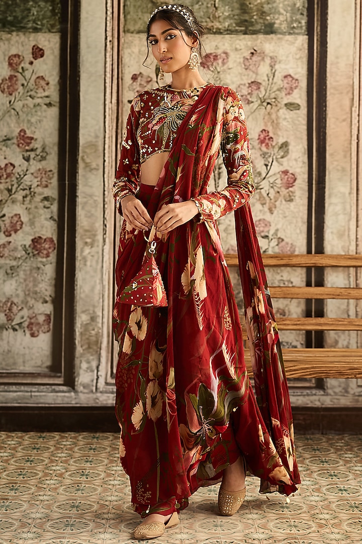 Red Crepe & Georgette Floral Printed Sharara Wedding Saree Set by DiyaRajvvir at Pernia's Pop Up Shop