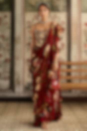 Red Crepe & Organza Floral Printed Ruffled Wedding Saree Set by DiyaRajvvir at Pernia's Pop Up Shop