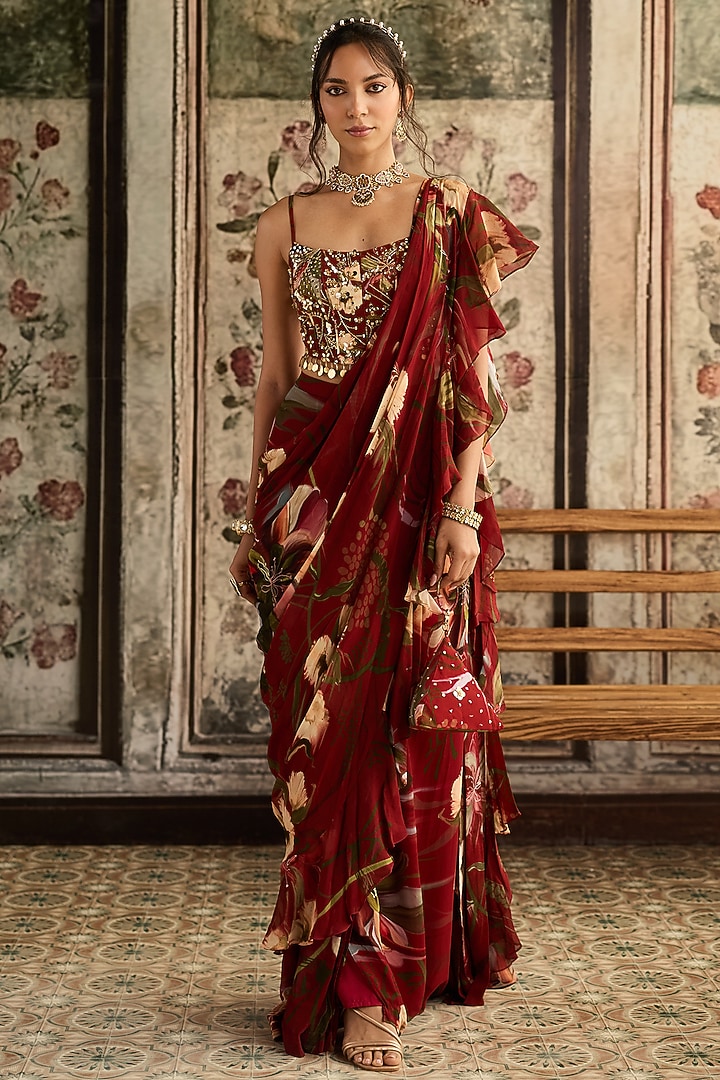 Red Crepe & Organza Floral Printed Ruffled Wedding Saree Set by DiyaRajvvir at Pernia's Pop Up Shop