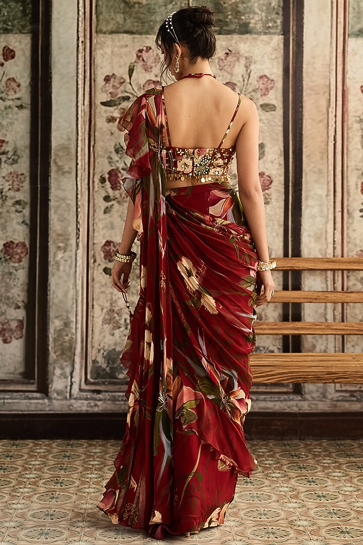 Red Crepe & Organza Floral Printed Ruffled Wedding Saree Set by DiyaRajvvir at Pernia's Pop Up Shop