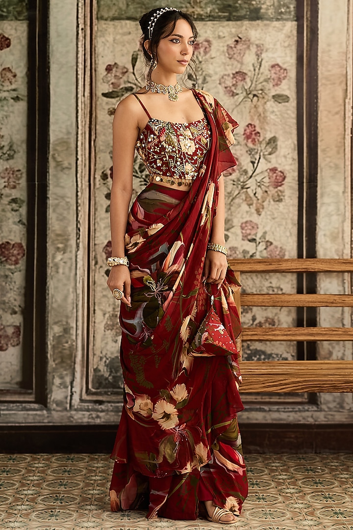 Red Crepe & Organza Floral Printed Ruffled Wedding Saree Set by DiyaRajvvir at Pernia's Pop Up Shop