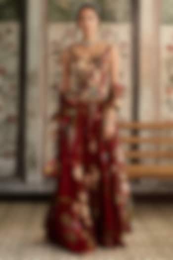 Red Crepe & Organza Floral Printed Wedding Sharara Set by DiyaRajvvir at Pernia's Pop Up Shop