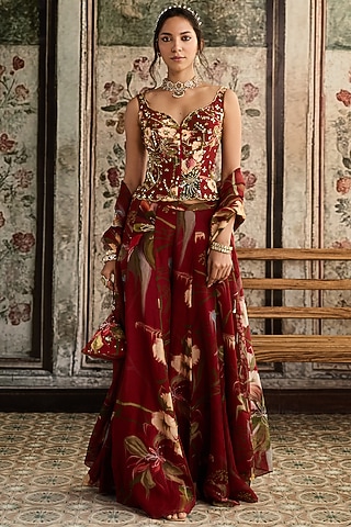 Red Crepe & Organza Floral Printed Sharara Set by DiyaRajvvir