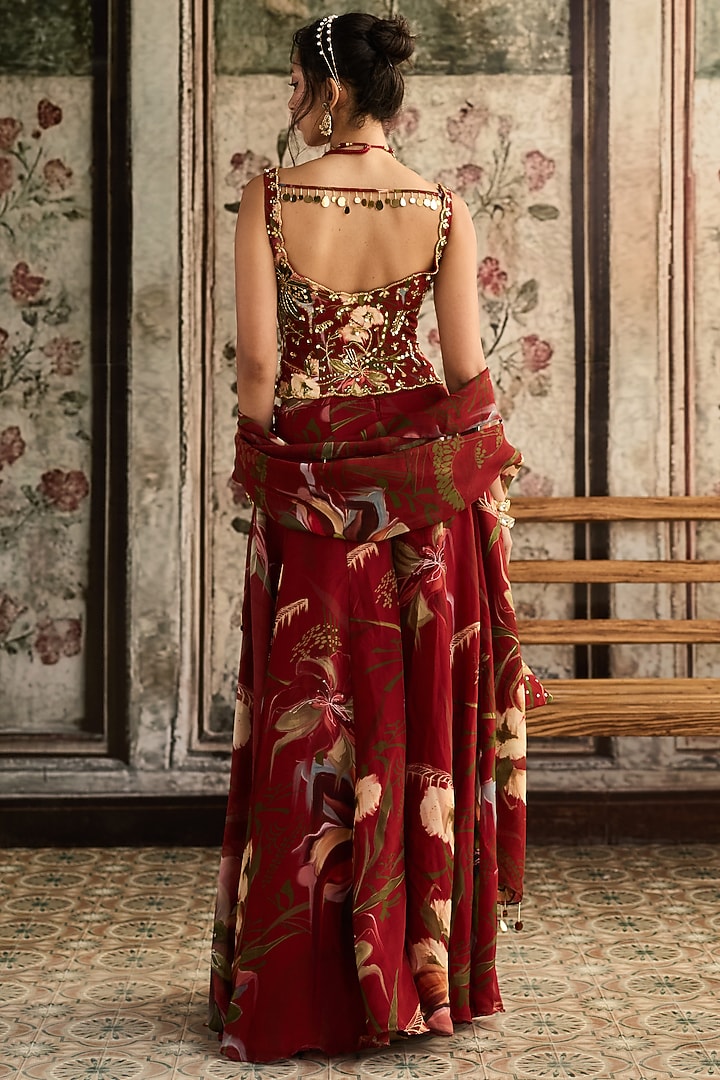 Red Crepe & Organza Floral Printed Wedding Sharara Set by DiyaRajvvir at Pernia's Pop Up Shop