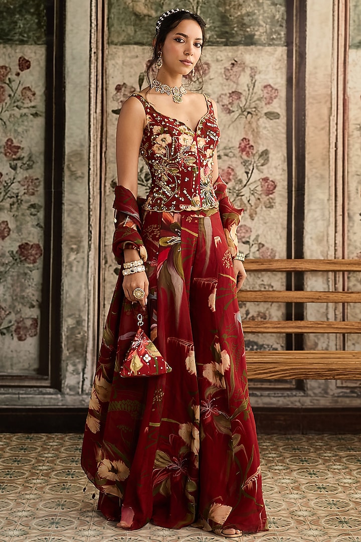 Red Crepe & Organza Floral Printed Wedding Sharara Set by DiyaRajvvir at Pernia's Pop Up Shop