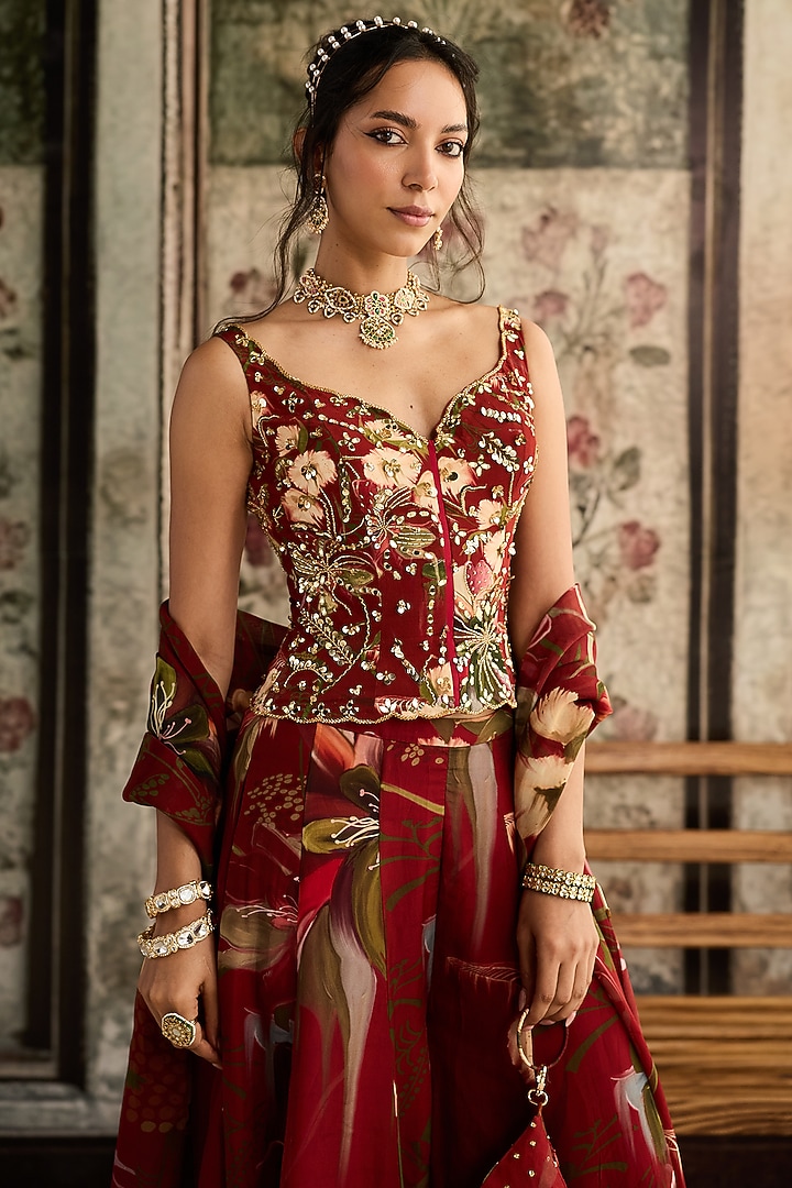Red Crepe & Organza Floral Printed Wedding Sharara Set by DiyaRajvvir at Pernia's Pop Up Shop