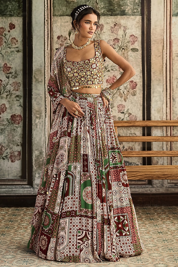 Sage & Maroon Crepe Printed Wedding Lehenga Set by DiyaRajvvir at Pernia's Pop Up Shop