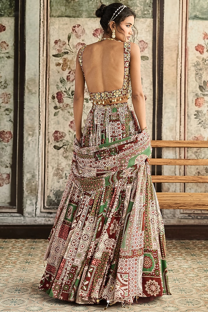 Sage & Maroon Crepe Printed Wedding Lehenga Set by DiyaRajvvir at Pernia's Pop Up Shop