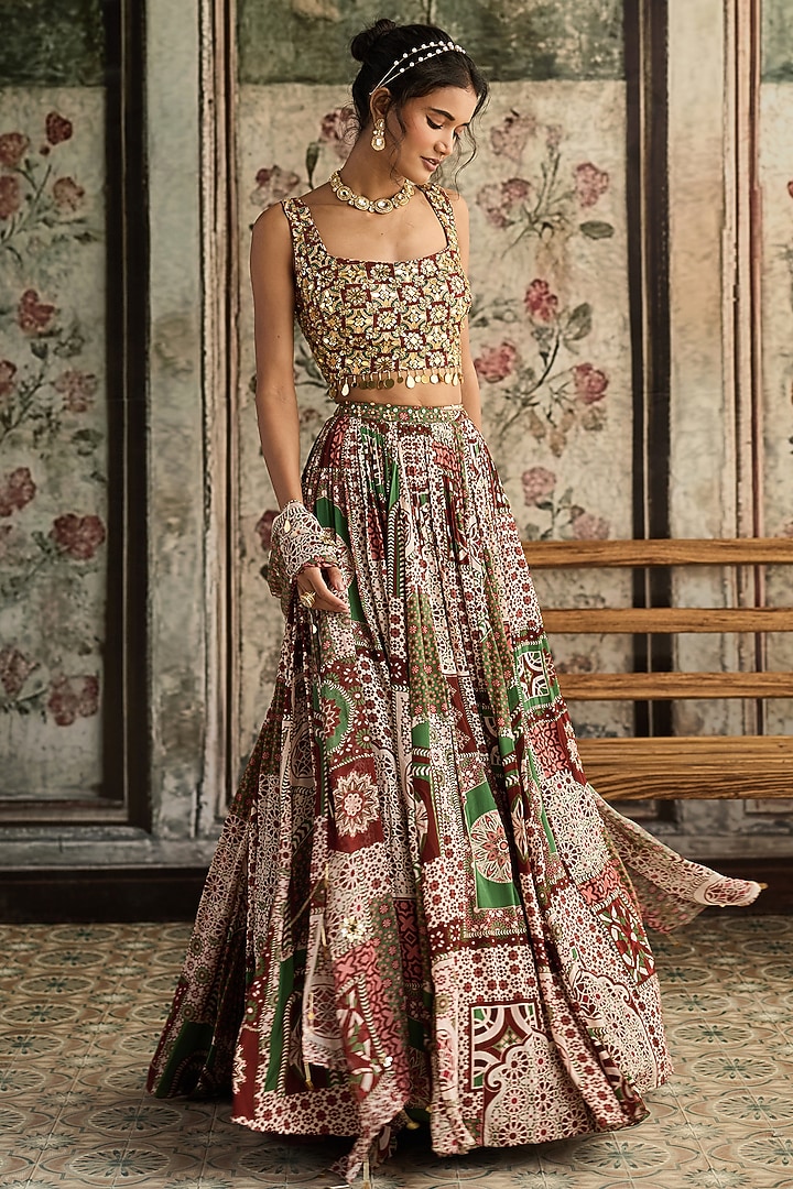 Sage & Maroon Crepe Printed Wedding Lehenga Set by DiyaRajvvir at Pernia's Pop Up Shop