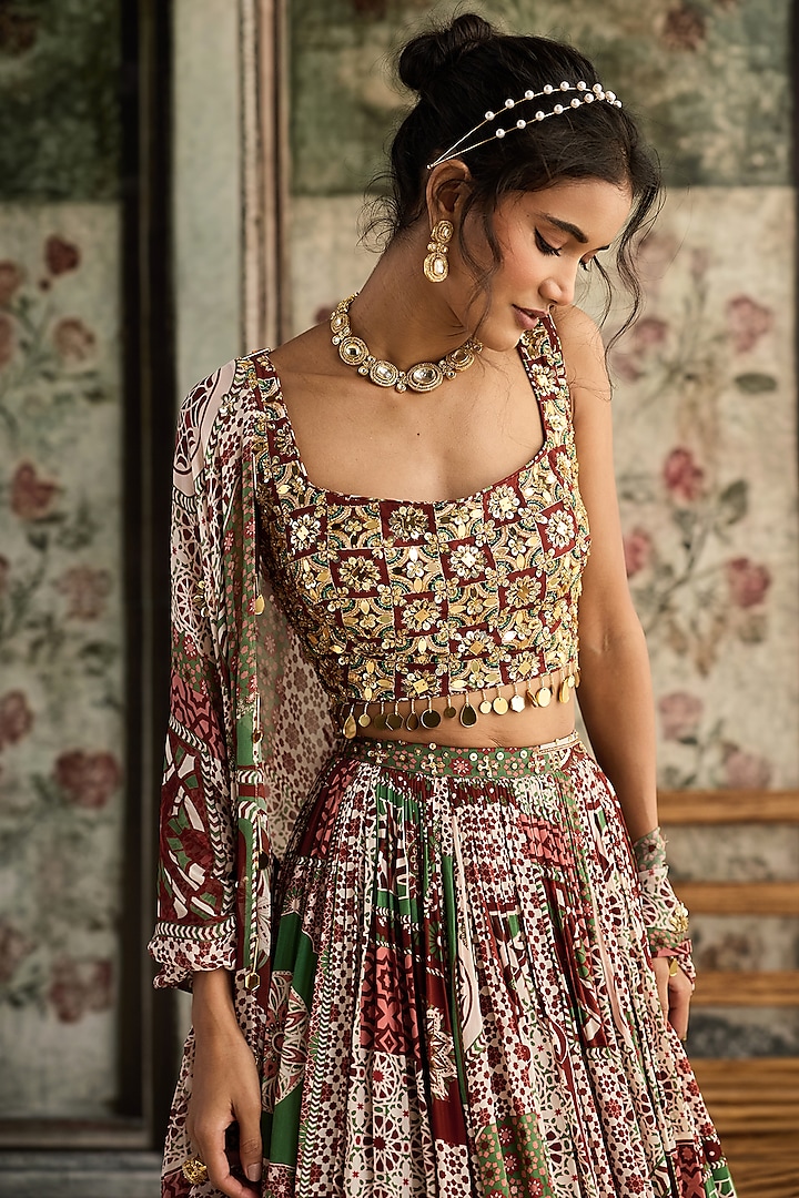 Sage & Maroon Crepe Printed Wedding Lehenga Set by DiyaRajvvir at Pernia's Pop Up Shop