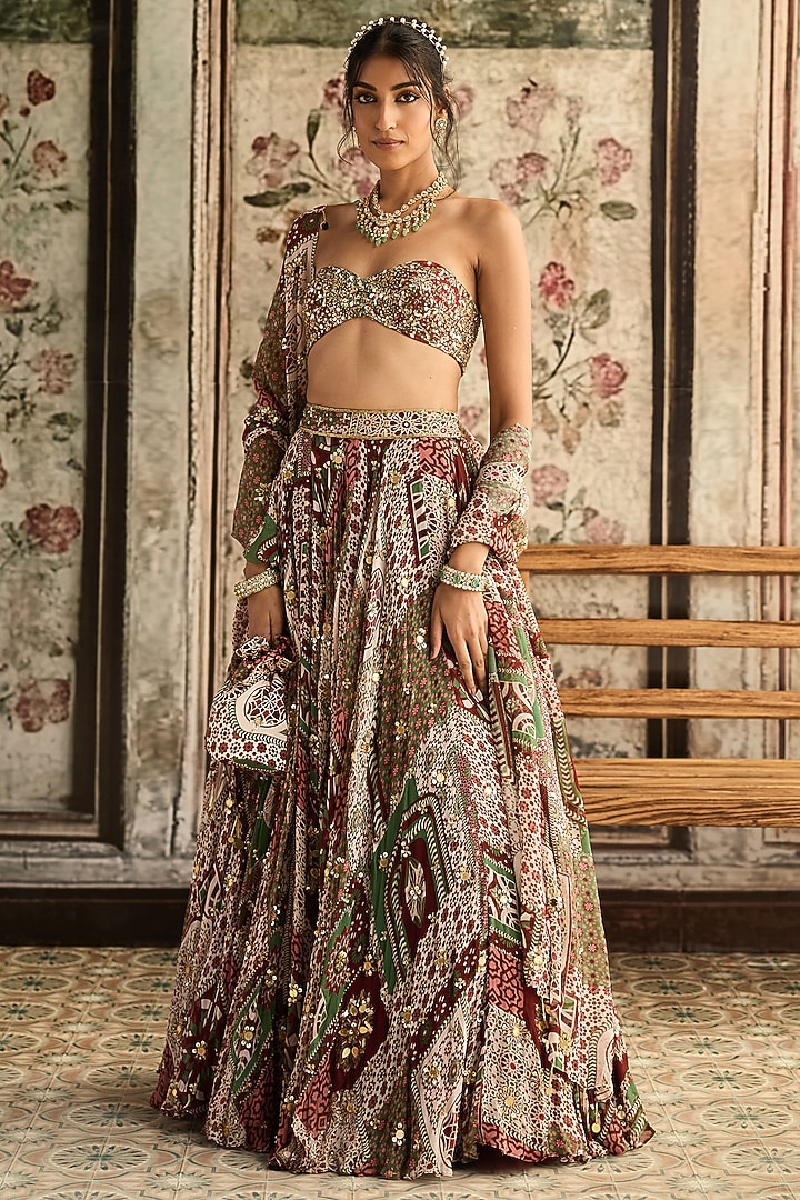 Sage & Maroon Crepe Printed Wedding Lehenga Set by DiyaRajvvir at Pernia's Pop Up Shop