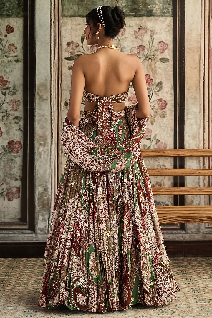 Sage & Maroon Crepe Printed Wedding Lehenga Set by DiyaRajvvir at Pernia's Pop Up Shop