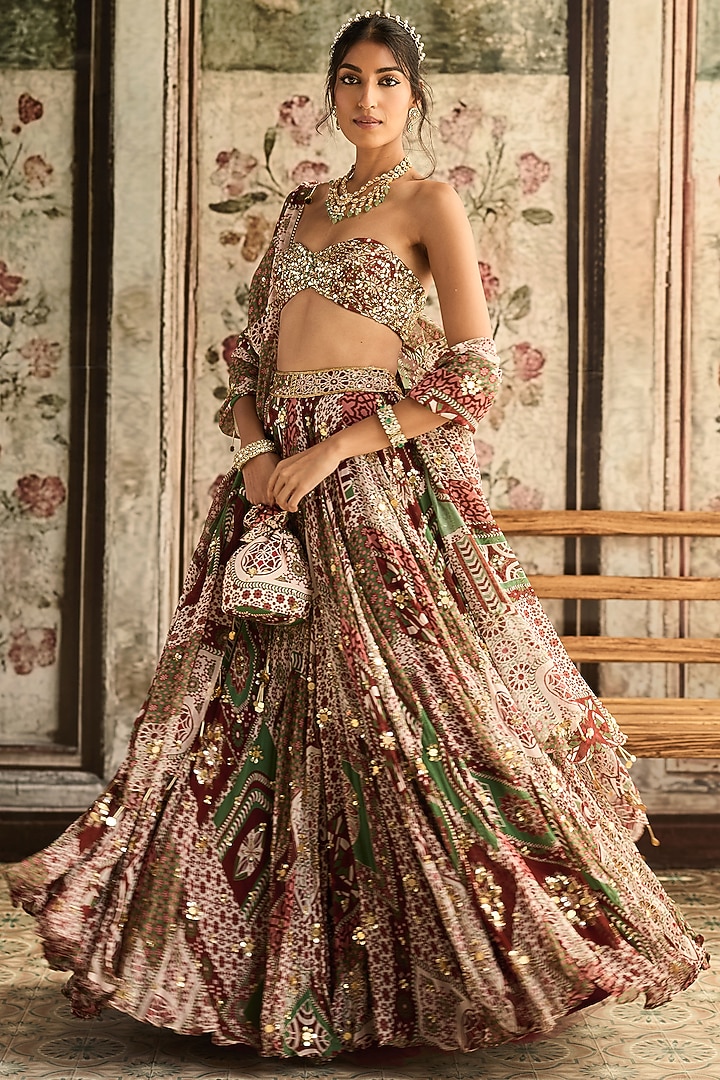 Sage & Maroon Crepe Printed Wedding Lehenga Set by DiyaRajvvir at Pernia's Pop Up Shop