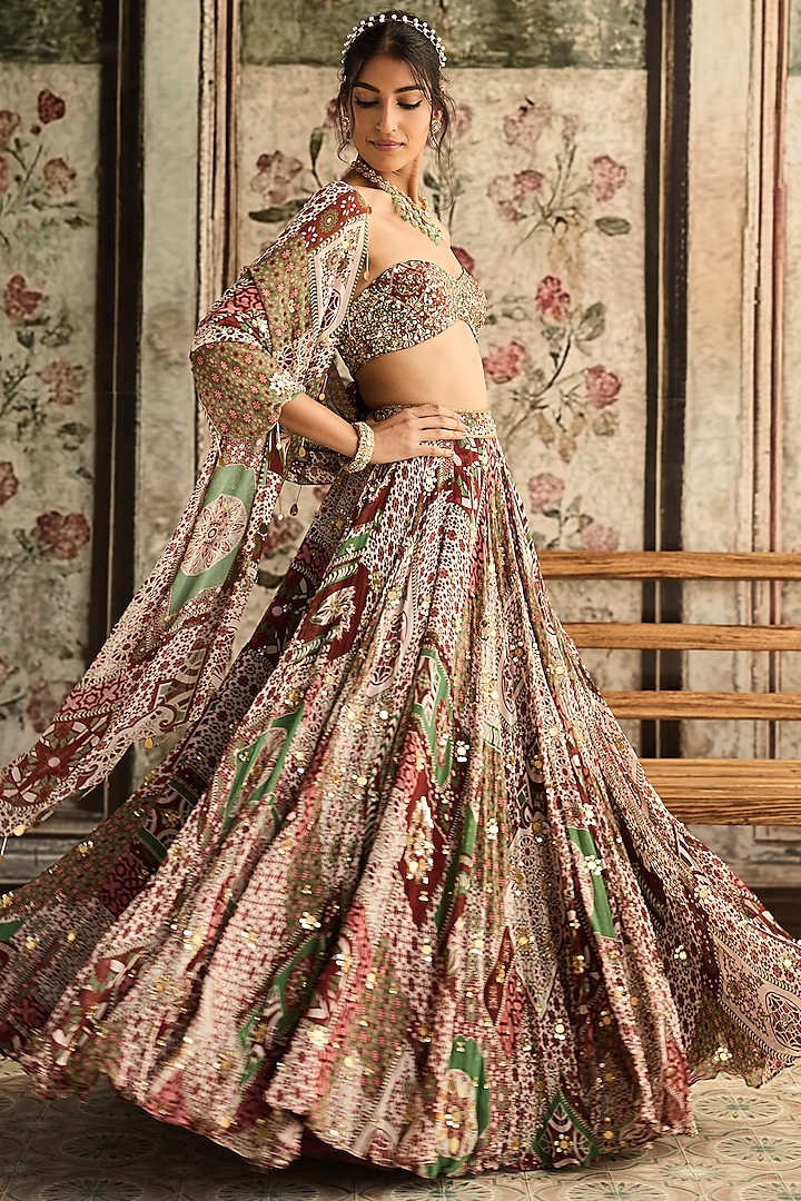 Sage & Maroon Crepe Printed Wedding Lehenga Set by DiyaRajvvir at Pernia's Pop Up Shop