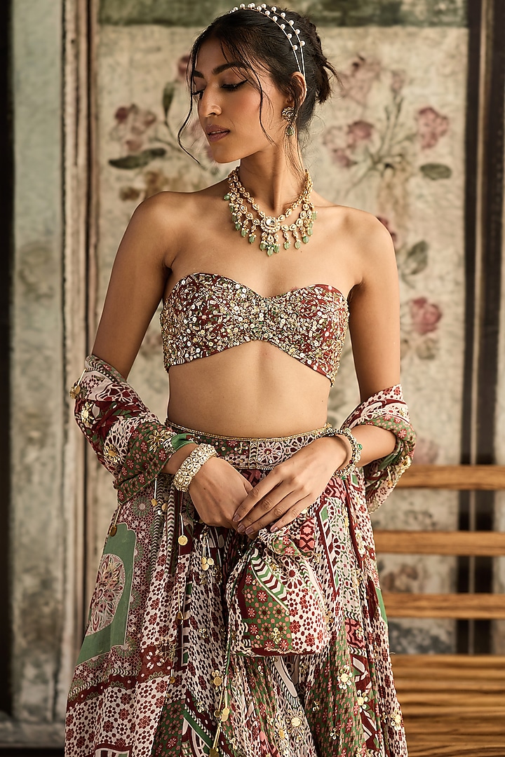 Sage & Maroon Crepe Printed Wedding Lehenga Set by DiyaRajvvir at Pernia's Pop Up Shop