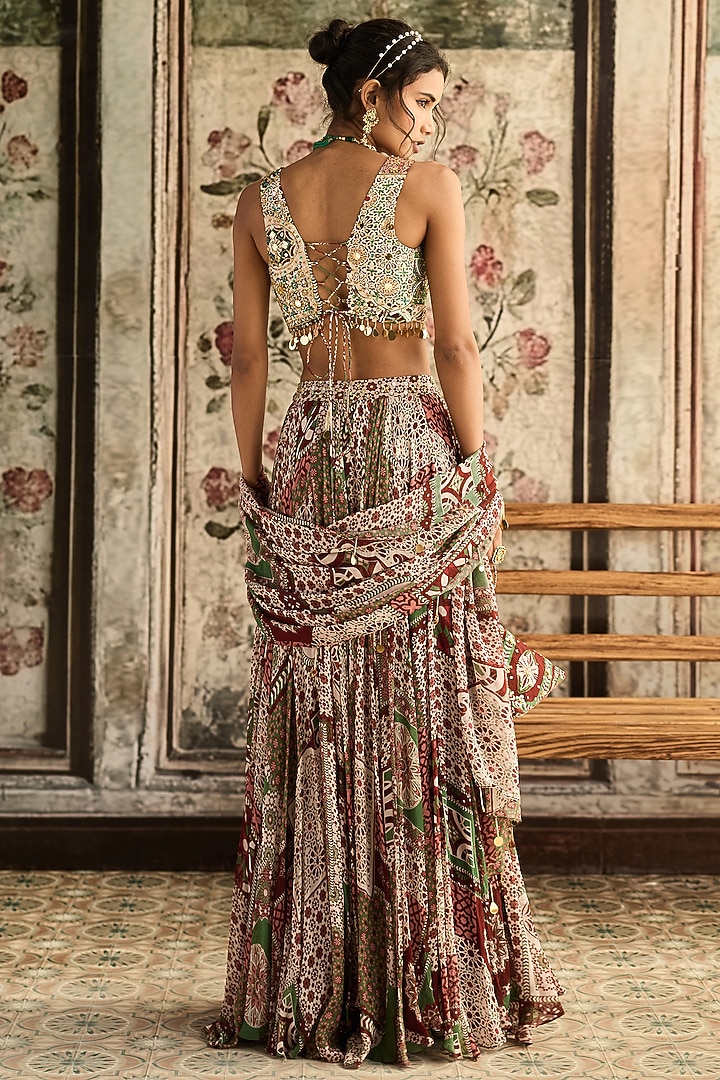 Sage & Maroon Crepe Printed Handkerchief Wedding Lehenga Set by DiyaRajvvir at Pernia's Pop Up Shop