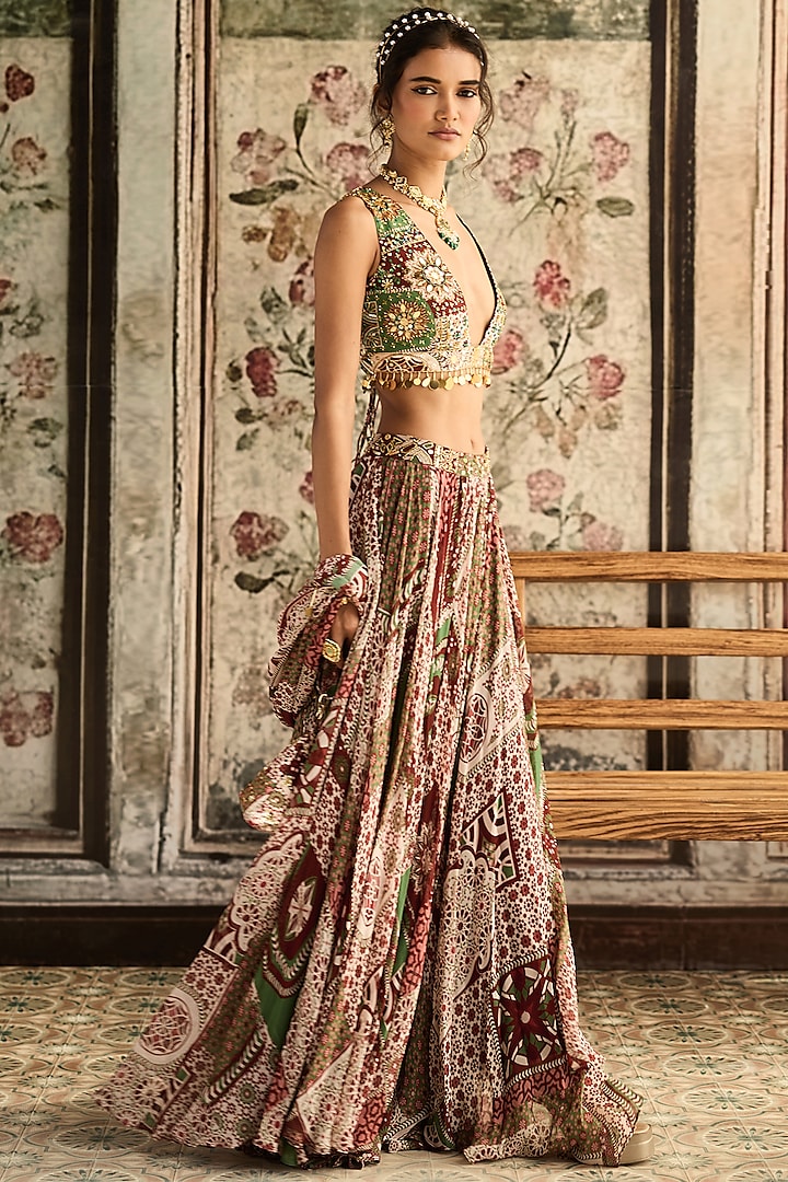 Sage & Maroon Crepe Printed Handkerchief Wedding Lehenga Set by DiyaRajvvir at Pernia's Pop Up Shop