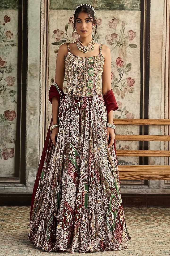 Sage & Maroon Crepe Printed Wedding Lehenga Set by DiyaRajvvir at Pernia's Pop Up Shop
