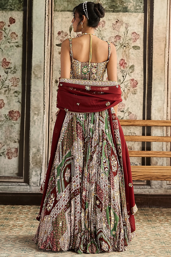 Sage & Maroon Crepe Printed Wedding Lehenga Set by DiyaRajvvir at Pernia's Pop Up Shop