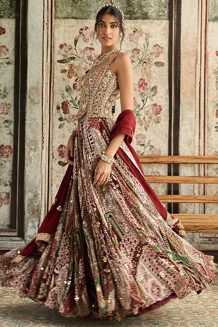 Sage & Maroon Crepe Printed Wedding Lehenga Set by DiyaRajvvir at Pernia's Pop Up Shop