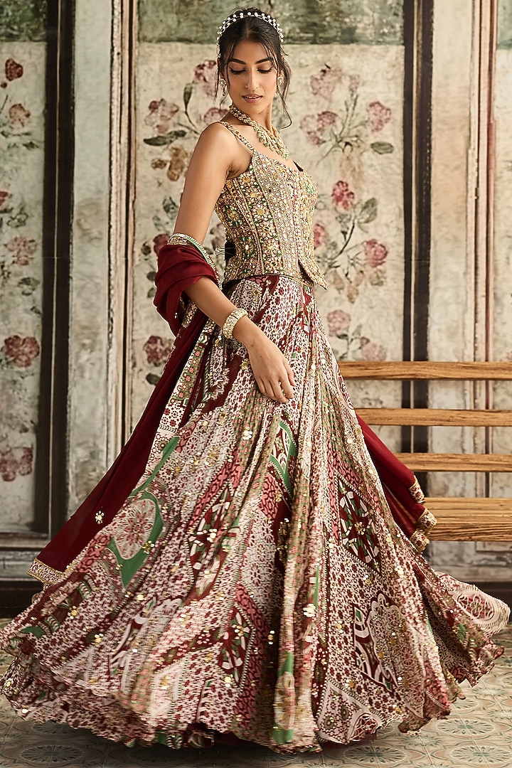 Sage & Maroon Crepe Printed Wedding Lehenga Set by DiyaRajvvir at Pernia's Pop Up Shop