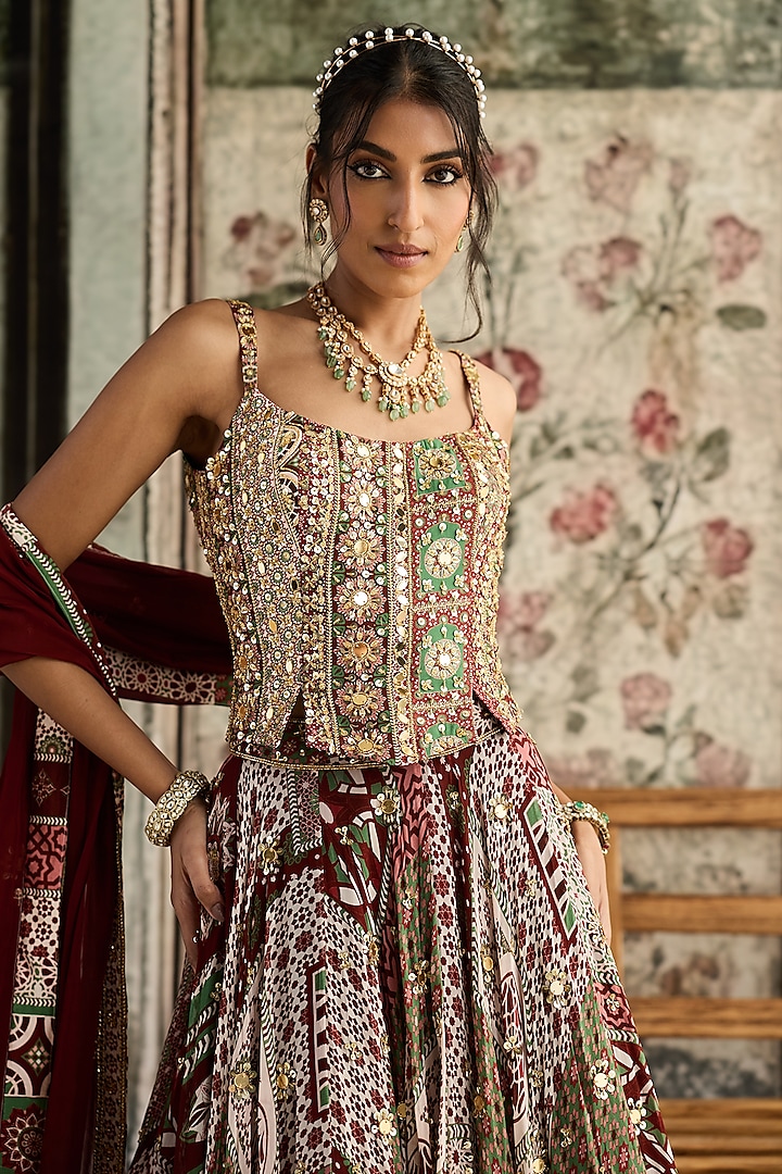 Sage & Maroon Crepe Printed Wedding Lehenga Set by DiyaRajvvir at Pernia's Pop Up Shop