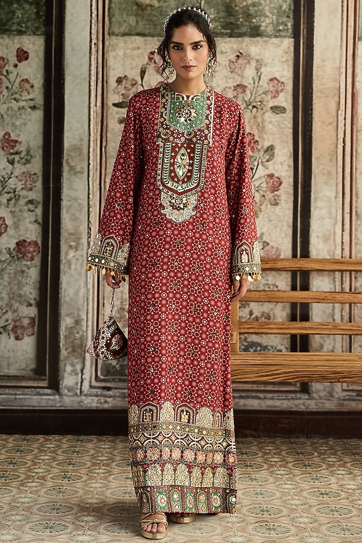 Sage & Maroon Dola Silk Printed Kaftan by DiyaRajvvir at Pernia's Pop Up Shop