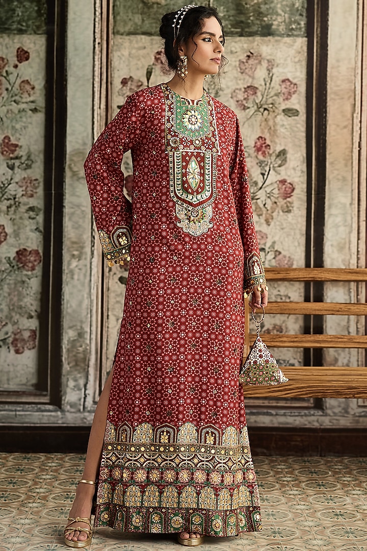 Sage & Maroon Dola Silk Printed Kaftan by DiyaRajvvir at Pernia's Pop Up Shop