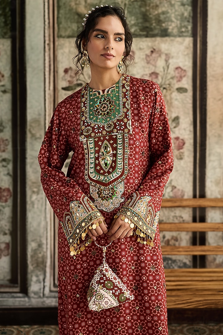 Sage & Maroon Dola Silk Printed Kaftan by DiyaRajvvir at Pernia's Pop Up Shop