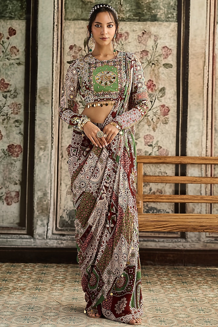 Sage & Maroon Crepe Printed Skirt Wedding Saree Set by DiyaRajvvir at Pernia's Pop Up Shop