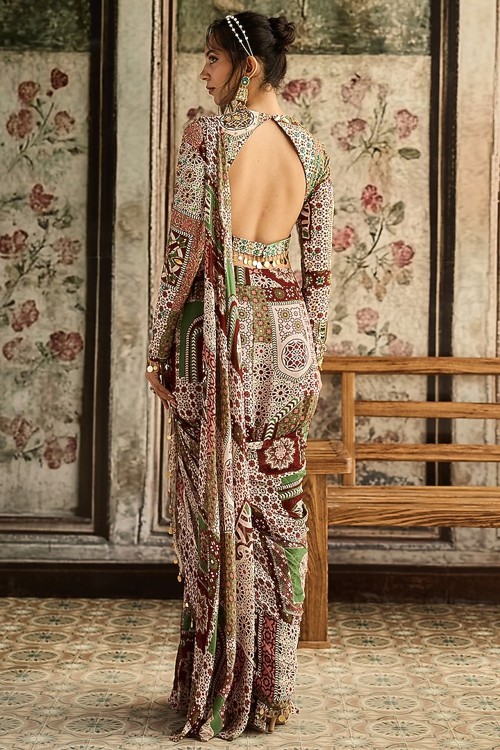Sage & Maroon Crepe Printed Skirt Wedding Saree Set by DiyaRajvvir at Pernia's Pop Up Shop