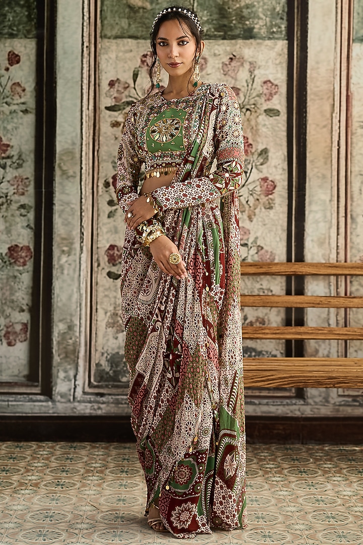 Sage & Maroon Crepe Printed Skirt Wedding Saree Set by DiyaRajvvir at Pernia's Pop Up Shop