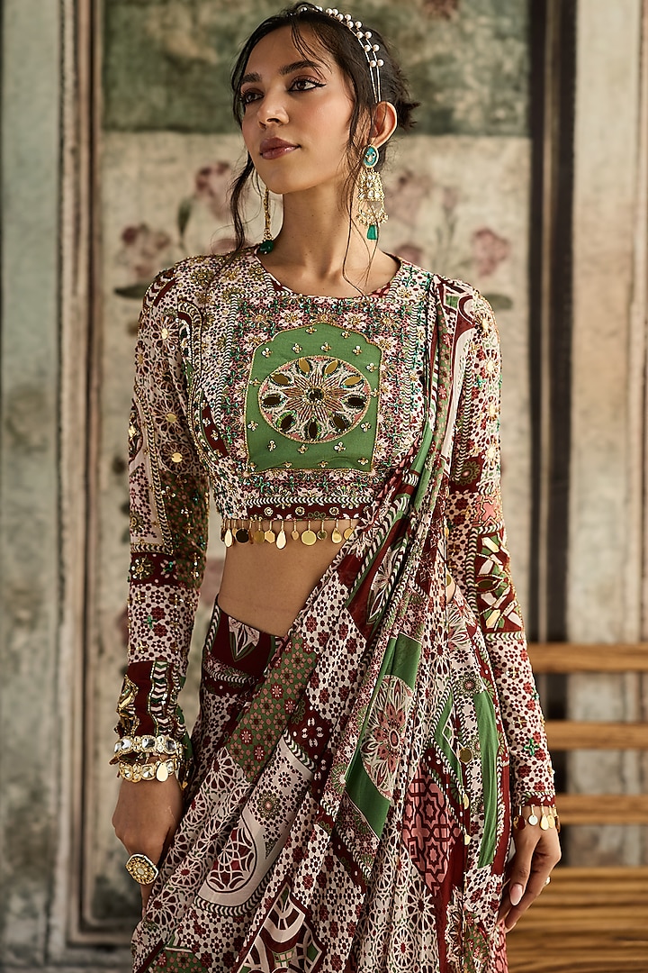 Sage & Maroon Crepe Printed Skirt Wedding Saree Set by DiyaRajvvir at Pernia's Pop Up Shop