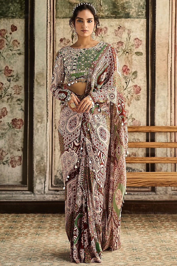Sage & Maroon Crepe Printed Dhoti Wedding Saree Set by DiyaRajvvir at Pernia's Pop Up Shop