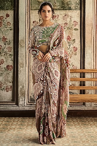 Sage & Maroon Crepe Printed Dhoti Saree Set by DiyaRajvvir