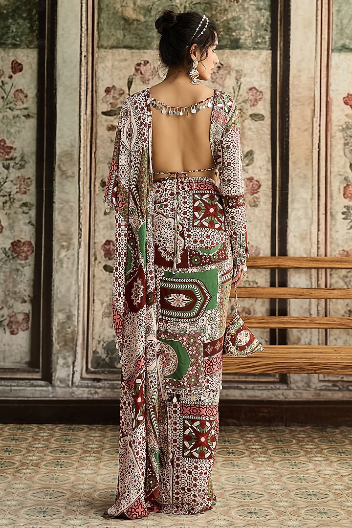 Sage & Maroon Crepe Printed Dhoti Wedding Saree Set by DiyaRajvvir at Pernia's Pop Up Shop
