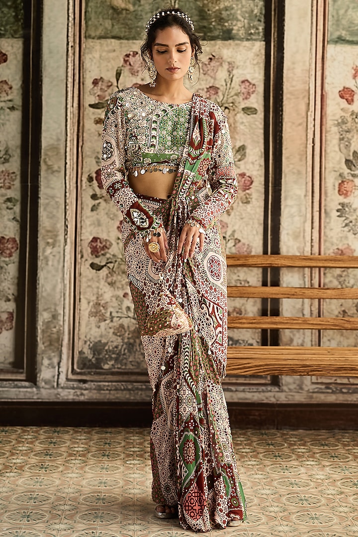 Sage & Maroon Crepe Printed Dhoti Wedding Saree Set by DiyaRajvvir at Pernia's Pop Up Shop