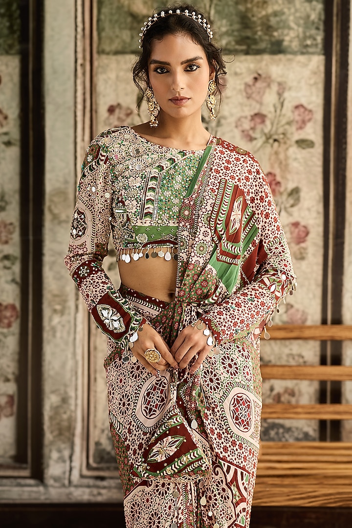 Sage & Maroon Crepe Printed Dhoti Wedding Saree Set by DiyaRajvvir at Pernia's Pop Up Shop