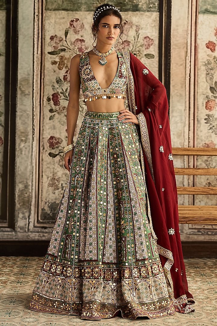 Sage & Maroon Crepe Geometric Printed Wedding Lehenga Set by DiyaRajvvir at Pernia's Pop Up Shop